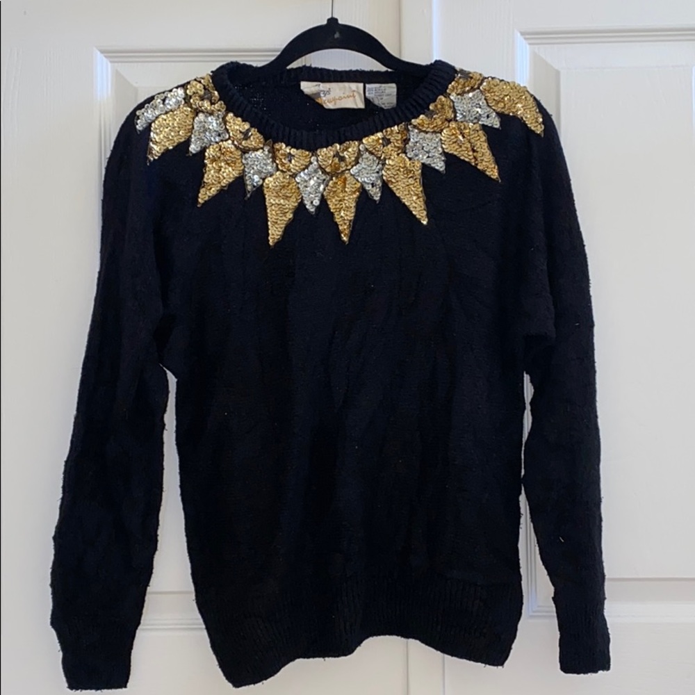 NWOT UO Holiday Gold and Silver Sequins Renewal Black Knit Sweater